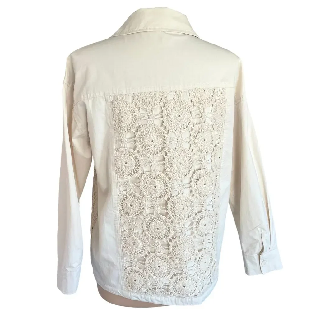Forever 21 Cream Twill Crochet Lace Jacket / Shacket Size M Boho Chic Casual